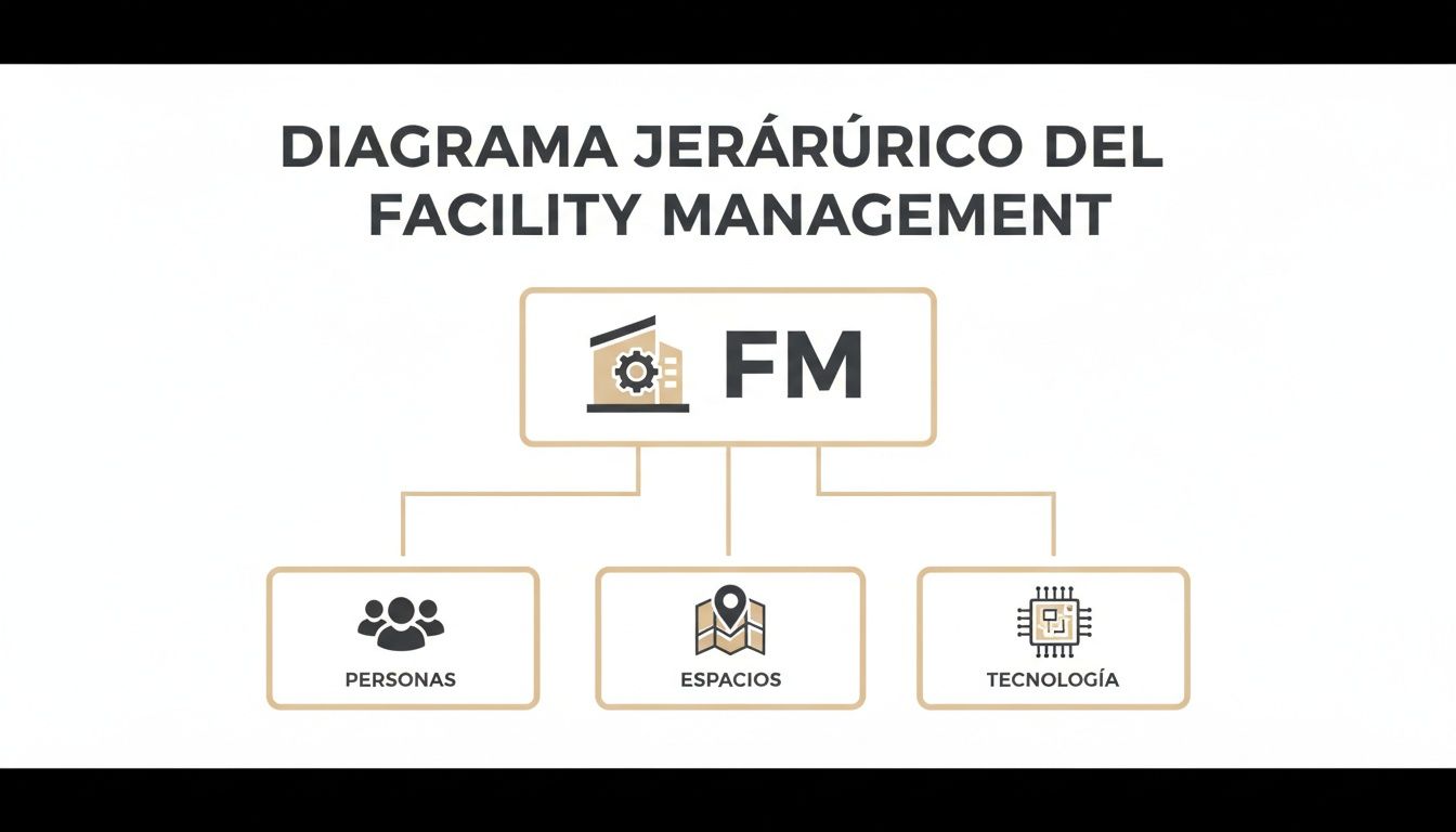 Diagrama jerárquico de Facility Management, ilustrando sus tres componentes clave: personas, espacios y tecnología.