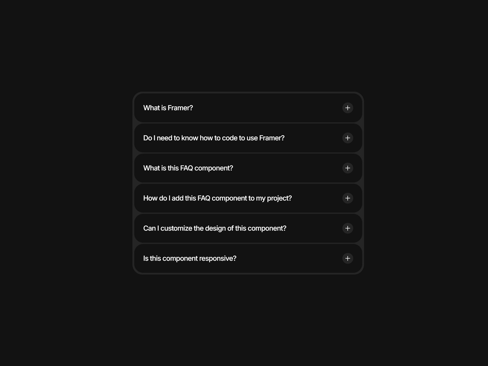 FAQ menu list with expandable options on a dark background.