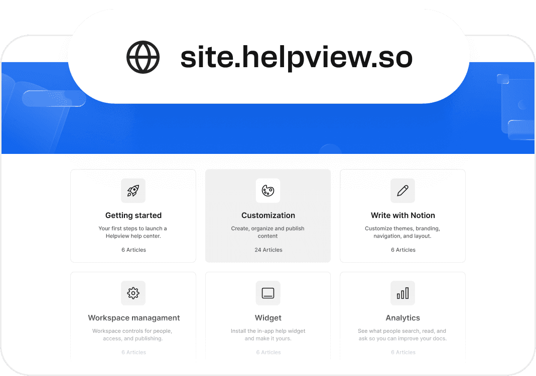 Published Helpview help center site with custom domain showing articles and knowledge base categories.