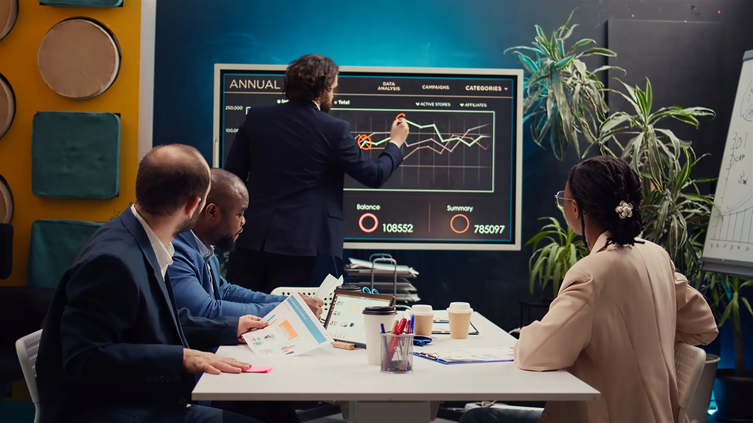 Marketing team reviewing ad campaign performance charts, KGT Solutions