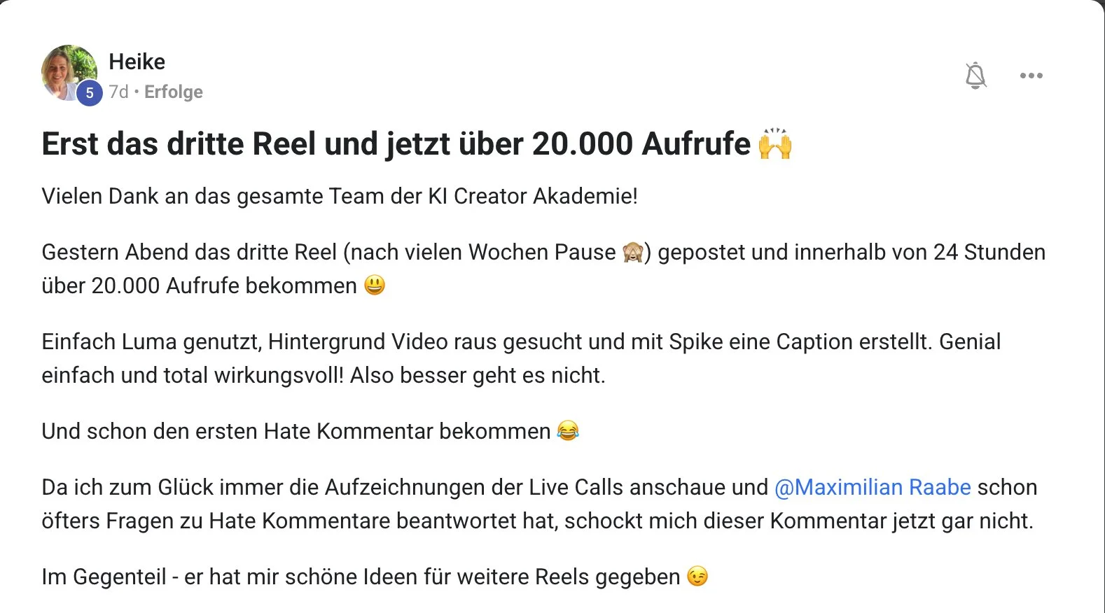 Erfahrungsbericht KI Creator Akademie: Heikes drittes Reel erreicht über 20.000 Aufrufe in 24 Stunden