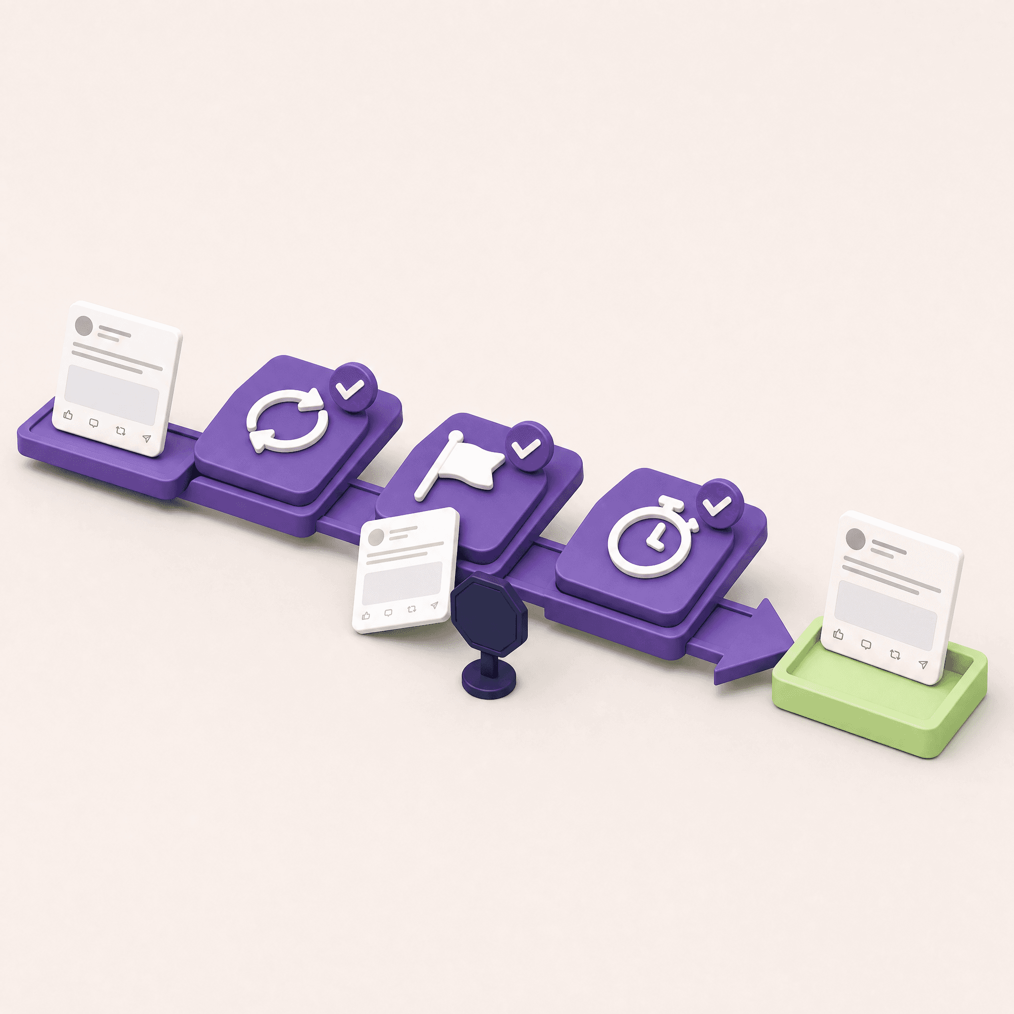 A purple path with three checked tiles, repeat arrows, a finish flag and a stopwatch, one task card that passed all three landing in a green tray, and a second card stuck beside a stop sign