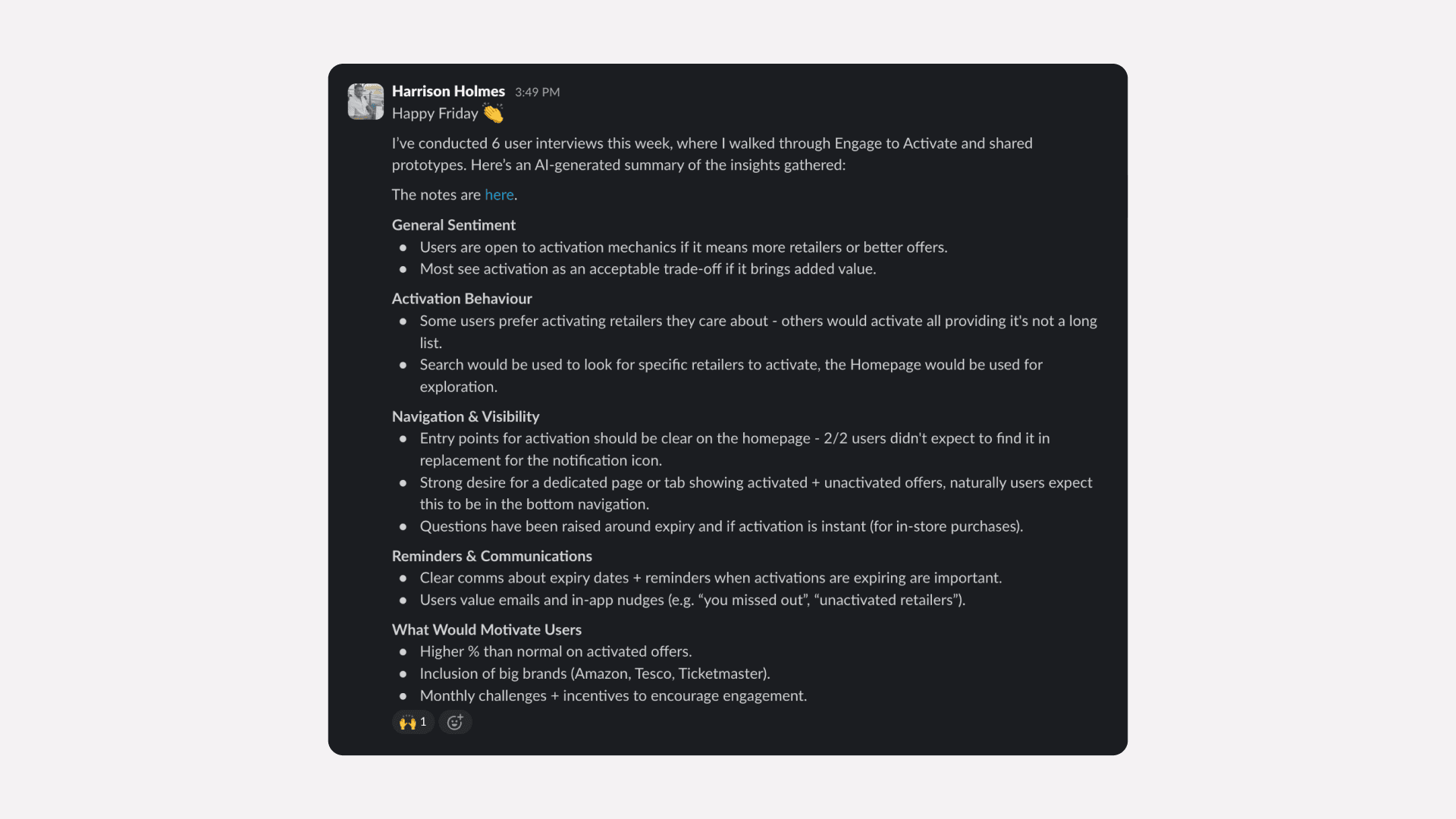 Screenshot of a Slack message summarising user interview insights with bullet points and themes.