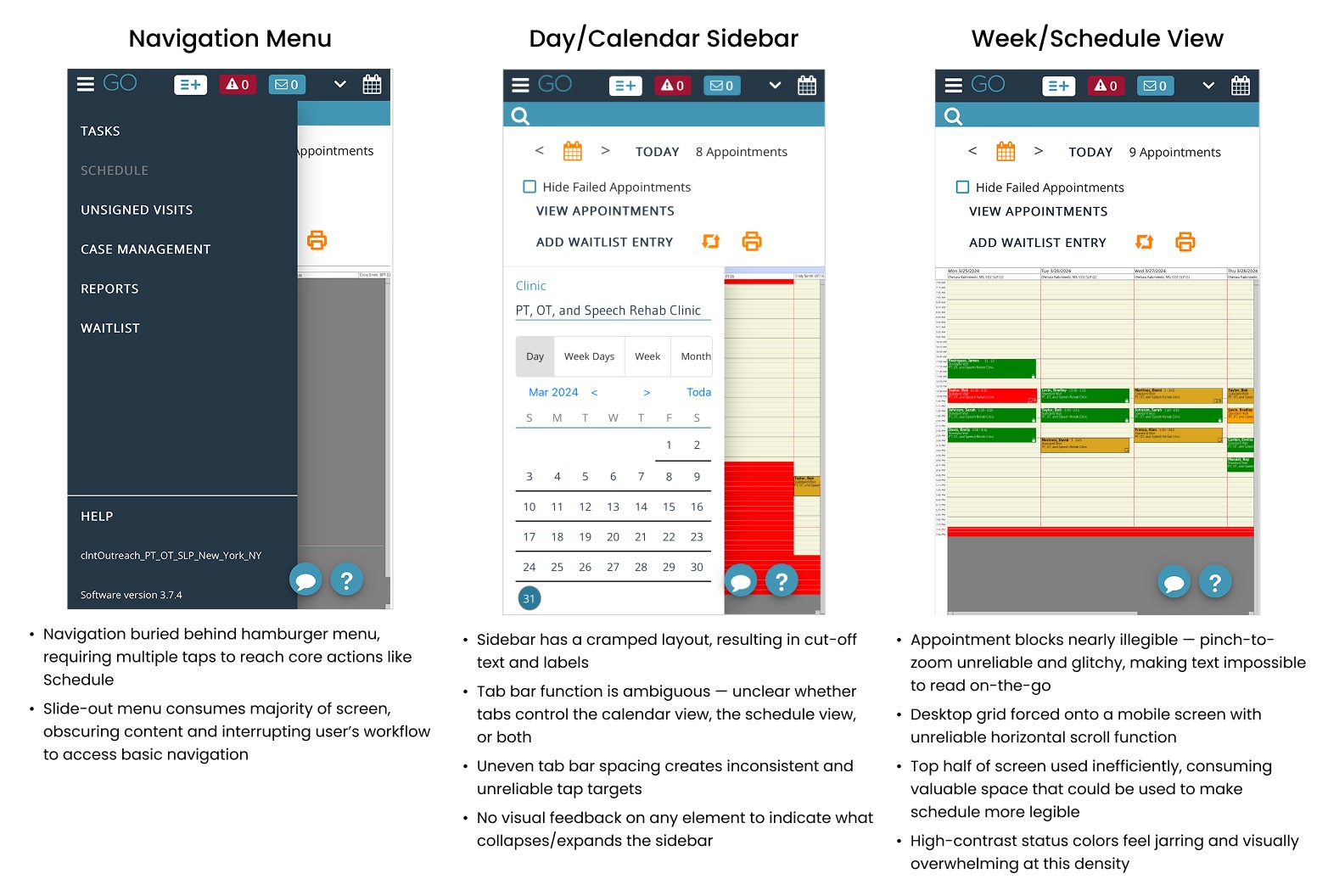 Three screenshots showing InsightGO's current mobile interface for navigation, calendar, and schedule