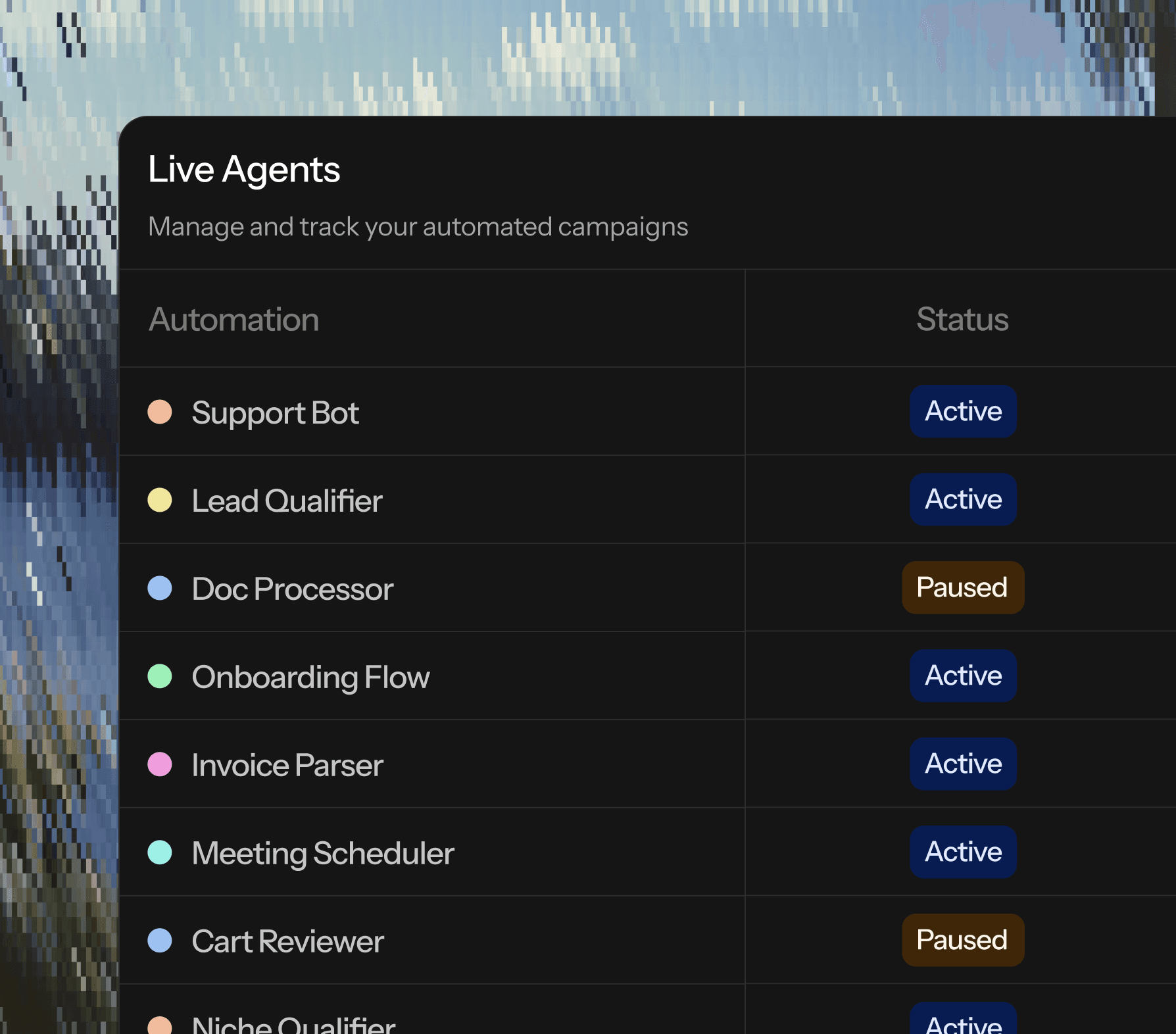 AI automation dashboard showing active agents, automation workflows, and status tracking in a dark UI.