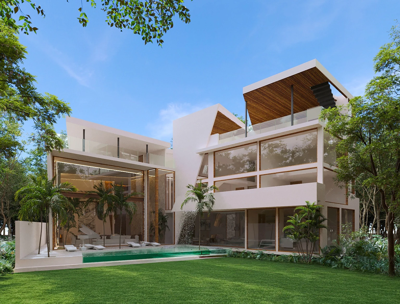 Casa Sept villa in Tulum: modern facade with infinity pool, waterfall and living area lit at sunset