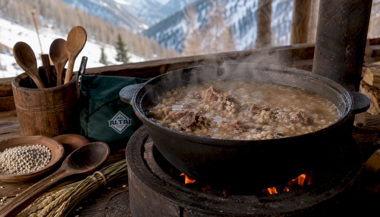 Barley and meat soup cooking in a metal pot outdoors