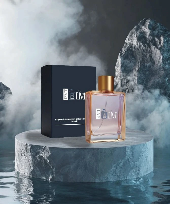 A bottle of SIM perfume by RVT sits on a dark red fabric. The bottle is rectangular with a gold cap.