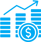 Blue financial growth icon with upward arrow and dollar sign symbolizing business profitability – RJP.design, Web Design Agency NYC focused on website design and digital marketing for business growth.