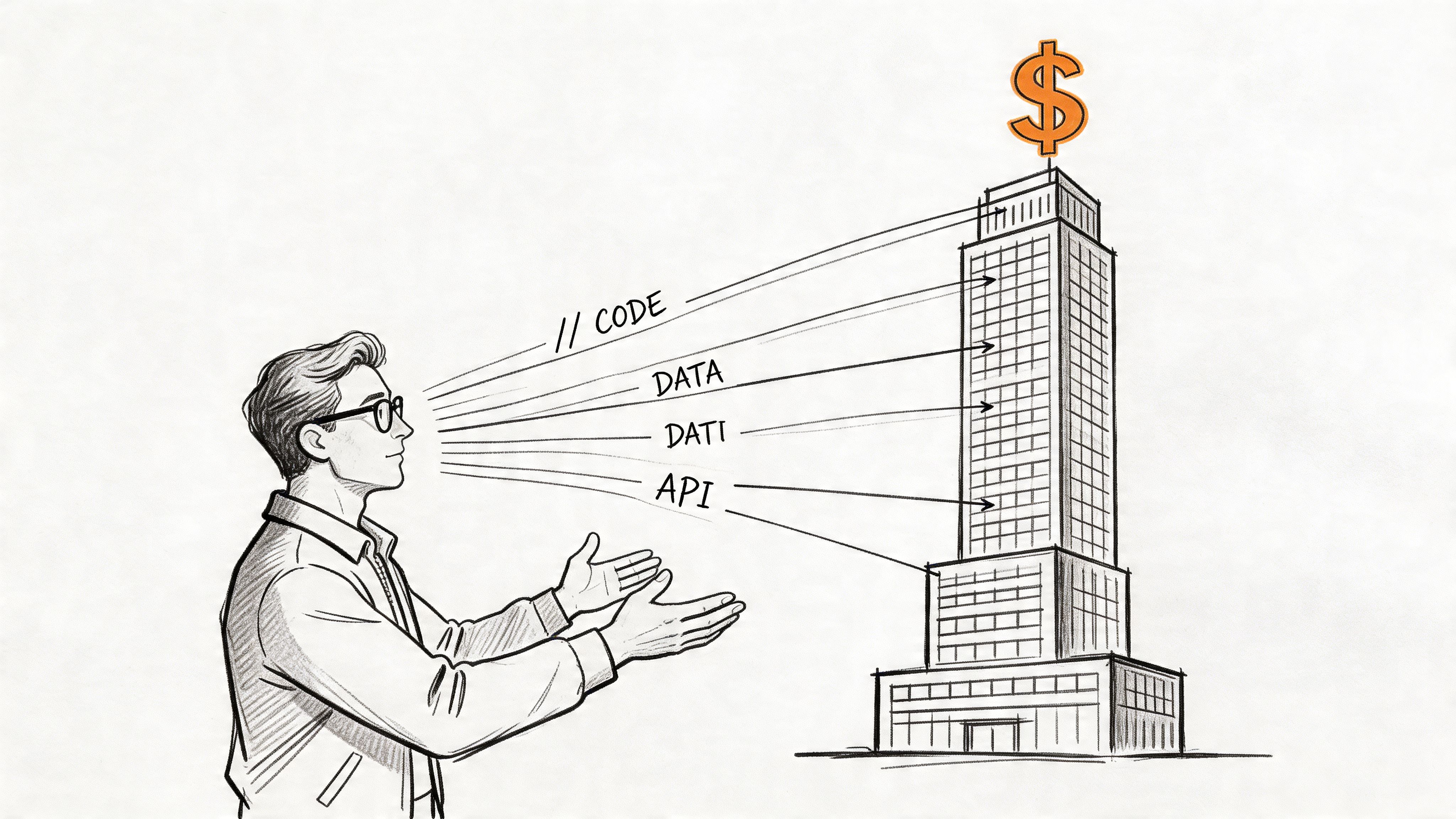 A conceptual illustration of a person looking at a skyscraper labeled with code, data, and API.