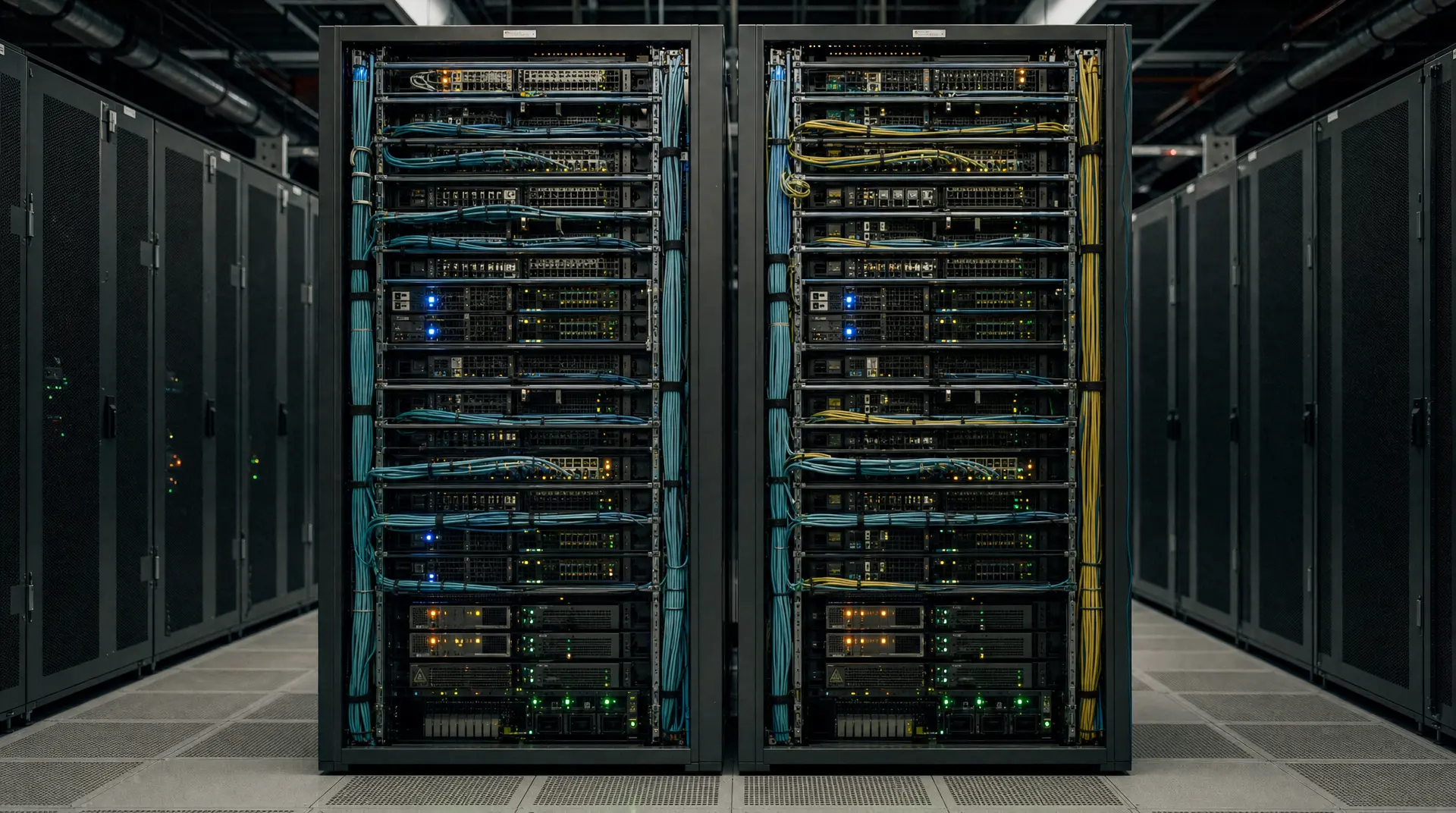 Twin server racks in a data center with illuminated status LEDs and cable bundles, aligned to marketing edge computing companies and deep tech marketing.