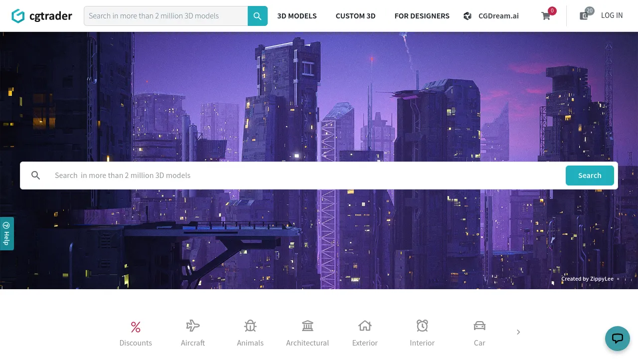 Screenshot of the CGTrader website featuring a marketplace for buying and selling 3D models