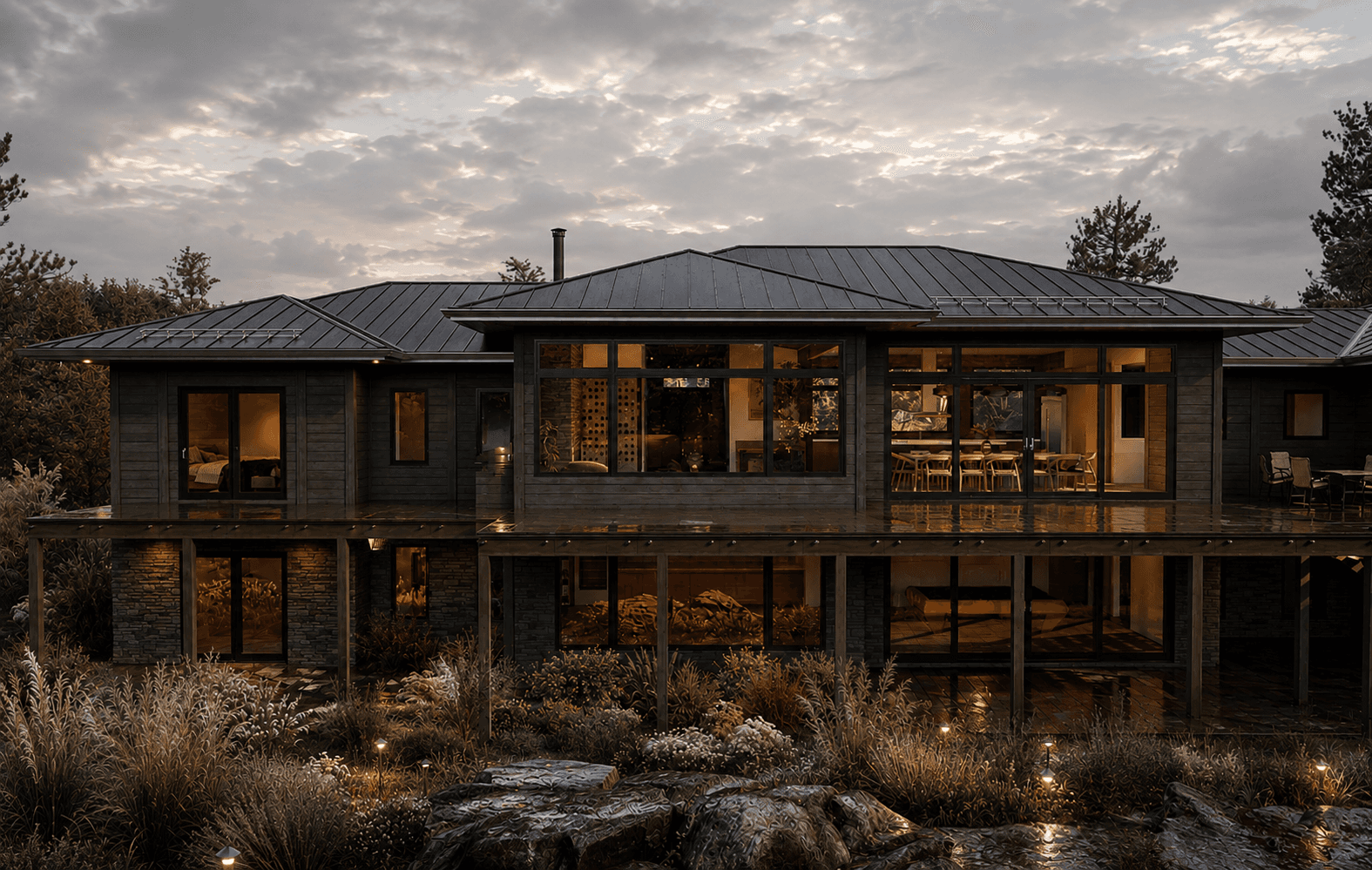 Sprawling modern cottage with sloped roofs with incoming storm
