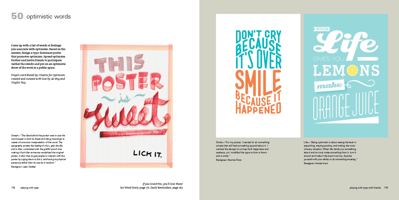 A sample of a book showing different poster designs, fonts and backgrounds with descriptions for each.