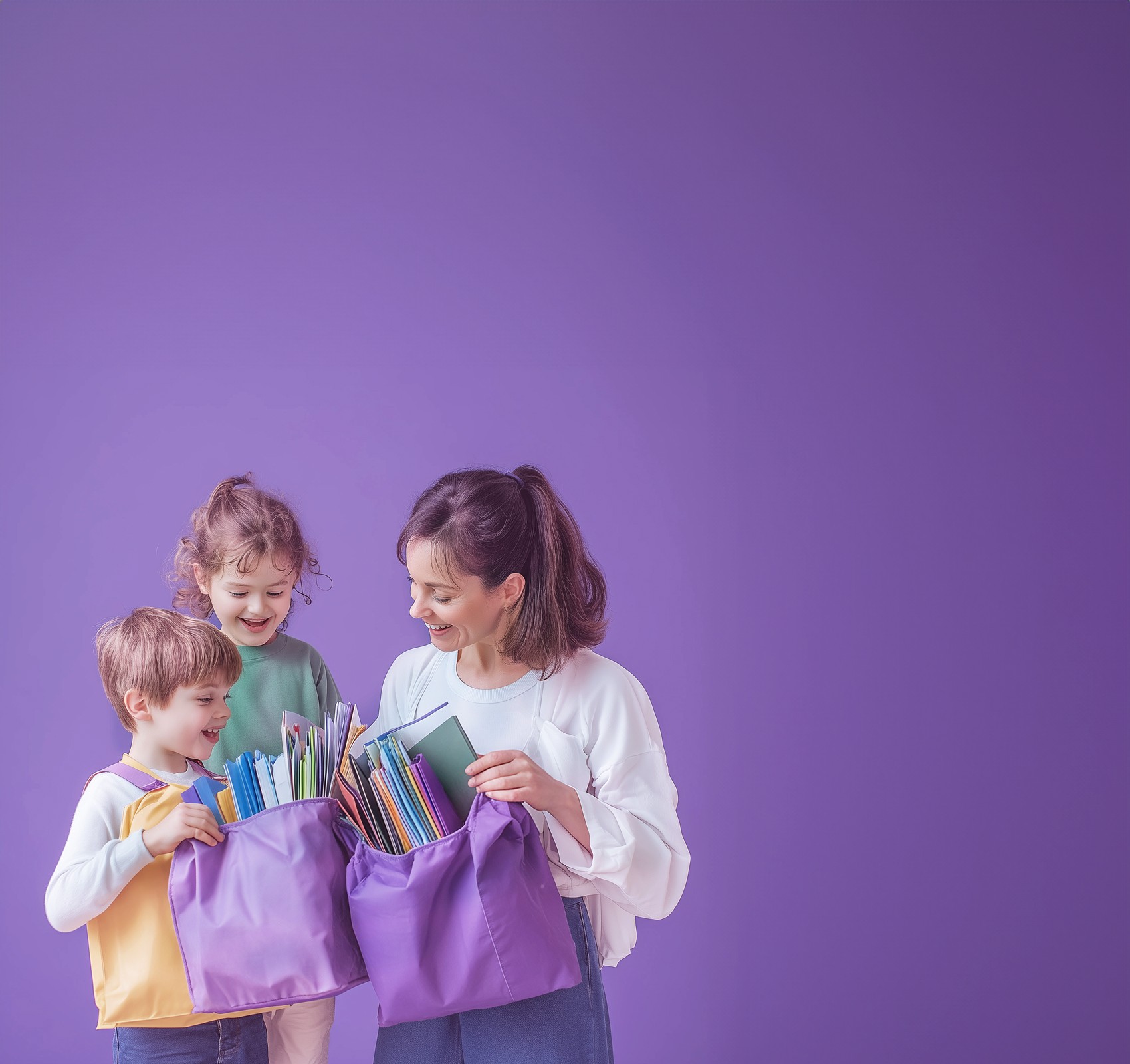 A mother with her son and daughter is unpacking the school bags