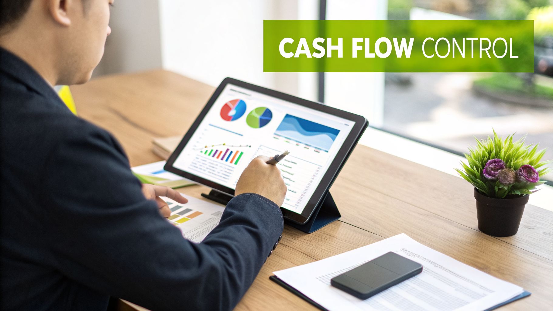 A businessman analyzes cash flow on a tablet displaying various financial charts and graphs.