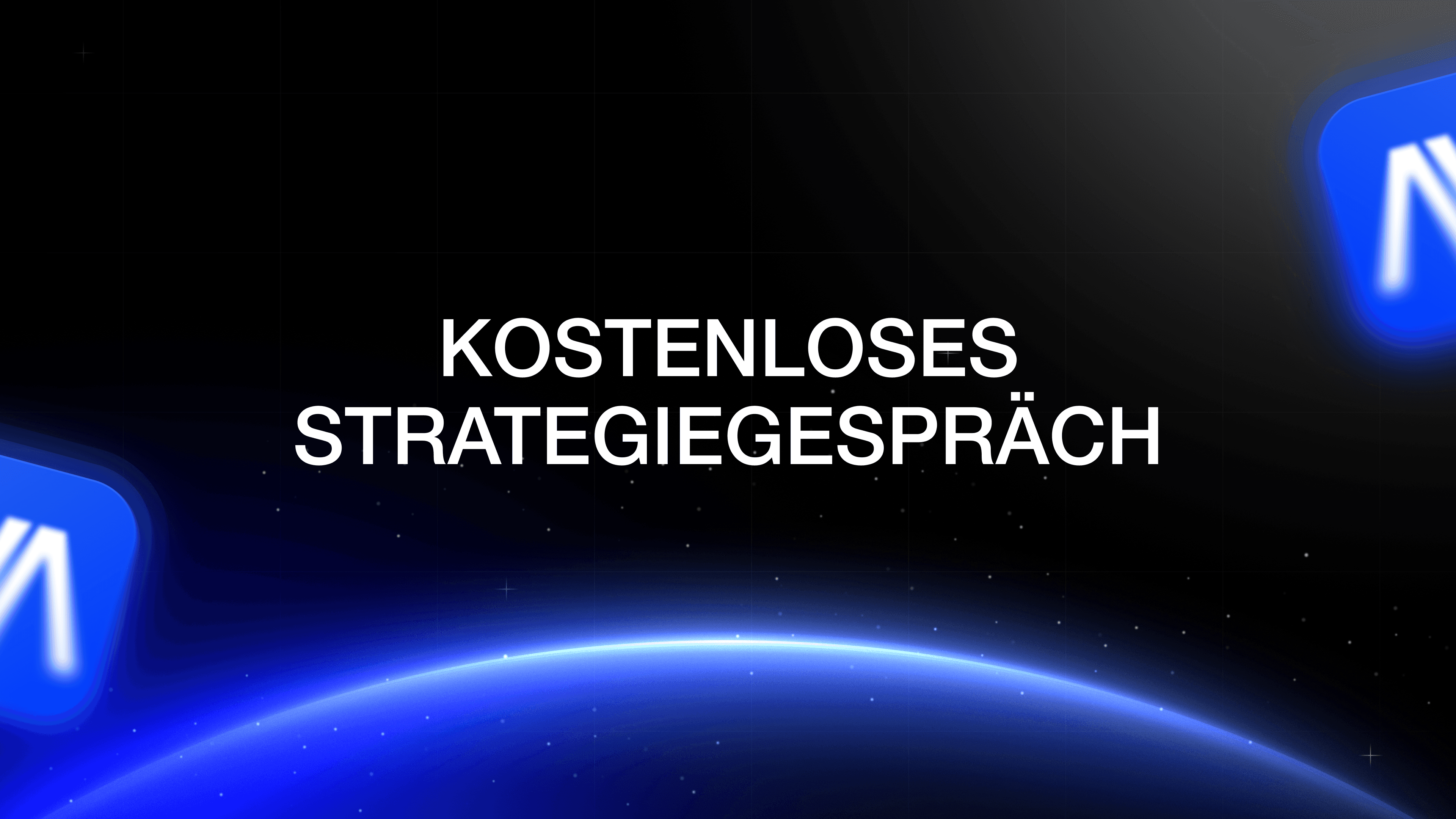 Novara Pro Werbegrafik mit Schriftzug „Kostenloses Strategiegespräch“ auf dunklem Hintergrund mit blauen Lichteffekten.