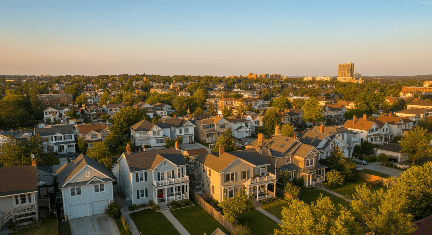 golden hour, resdency neighborhood ,shot of houses, drone shot