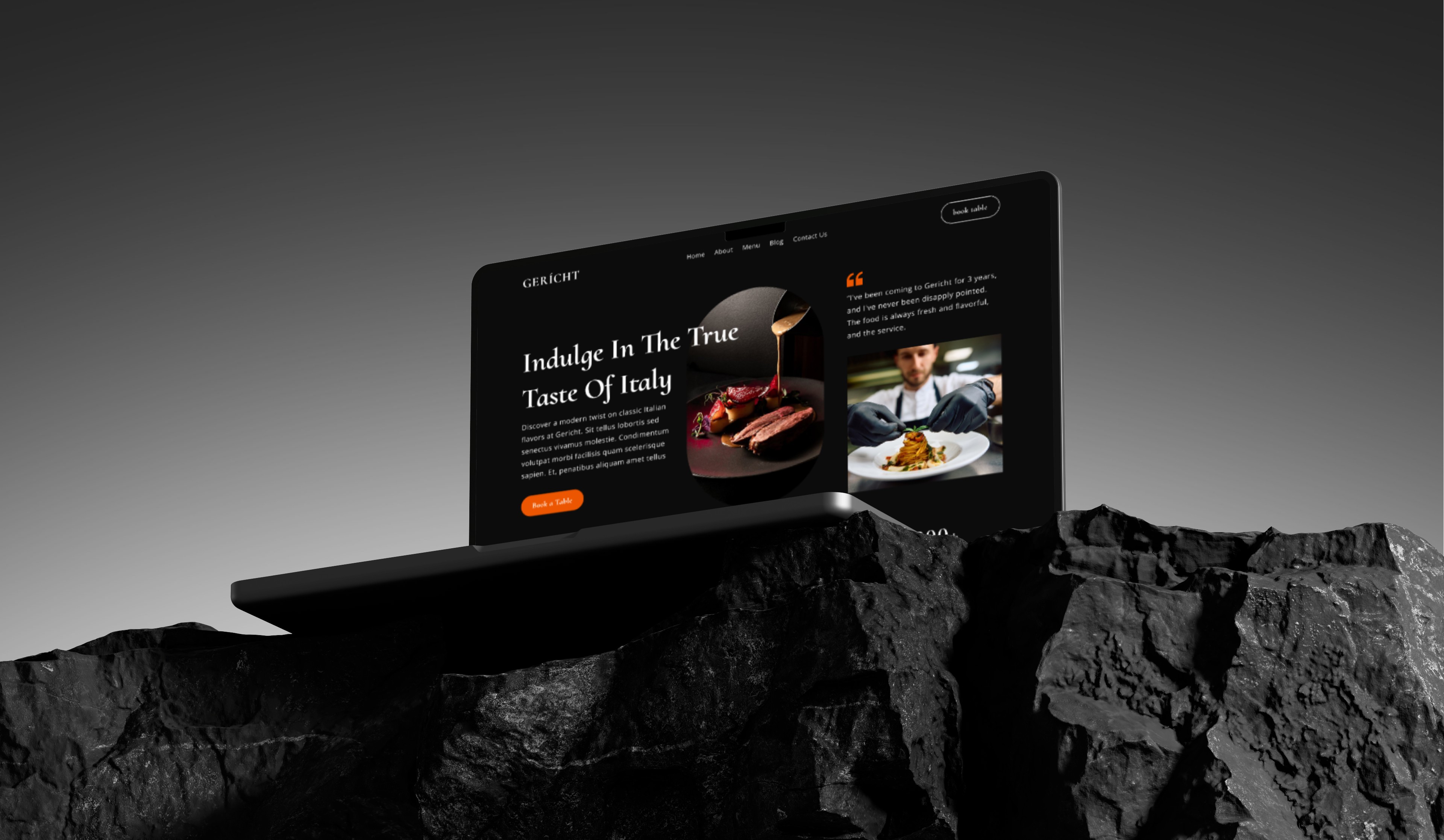 Laptop displaying a website for an Italian restaurant. The site features images of food and elegant settings.