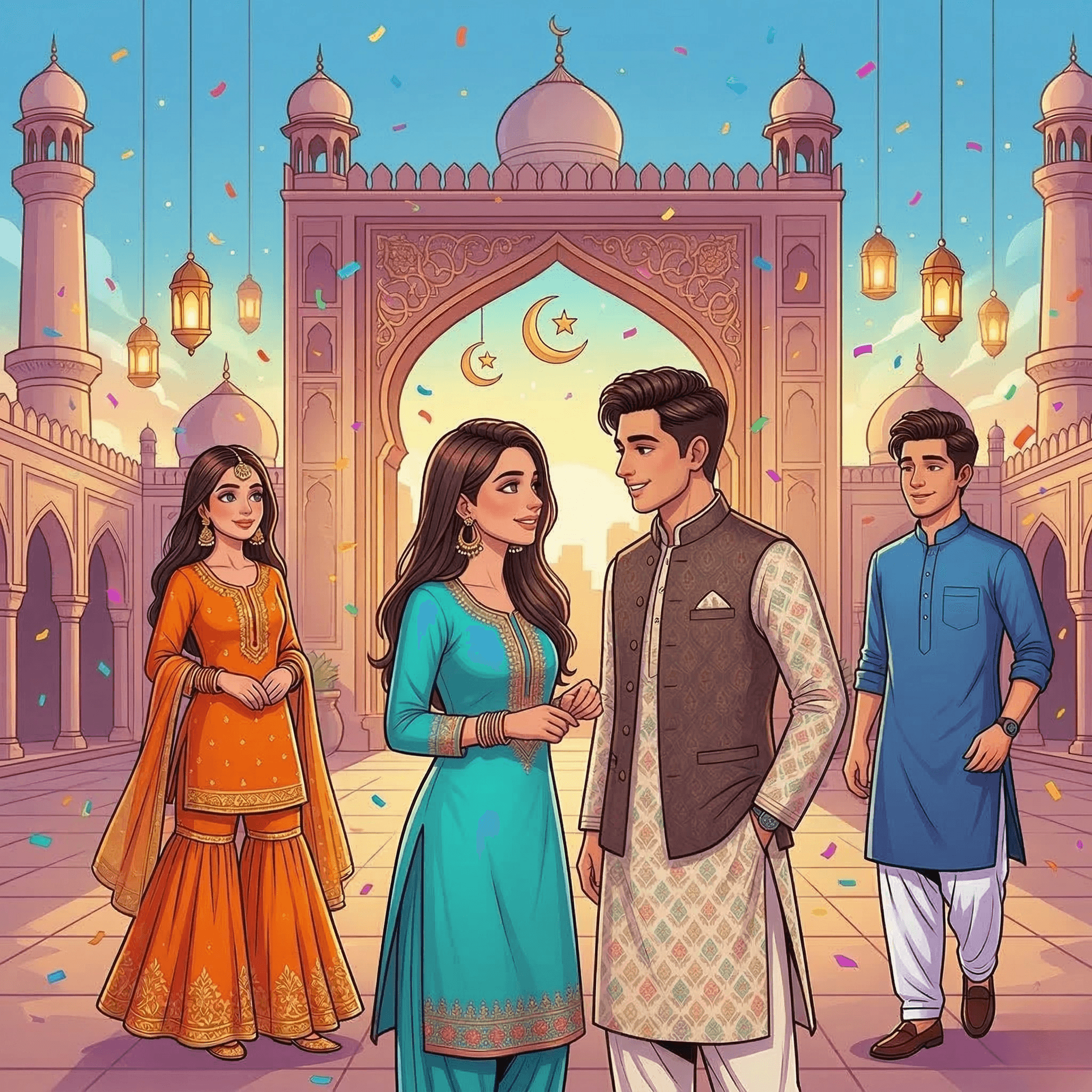 Modern Eid fashion inspiration showing festive colour palette with mint green, powder blue, ivory and blush pink ethnic outfits including kurta sets and traditional festive wear styled for Gen Z Eid celebrations