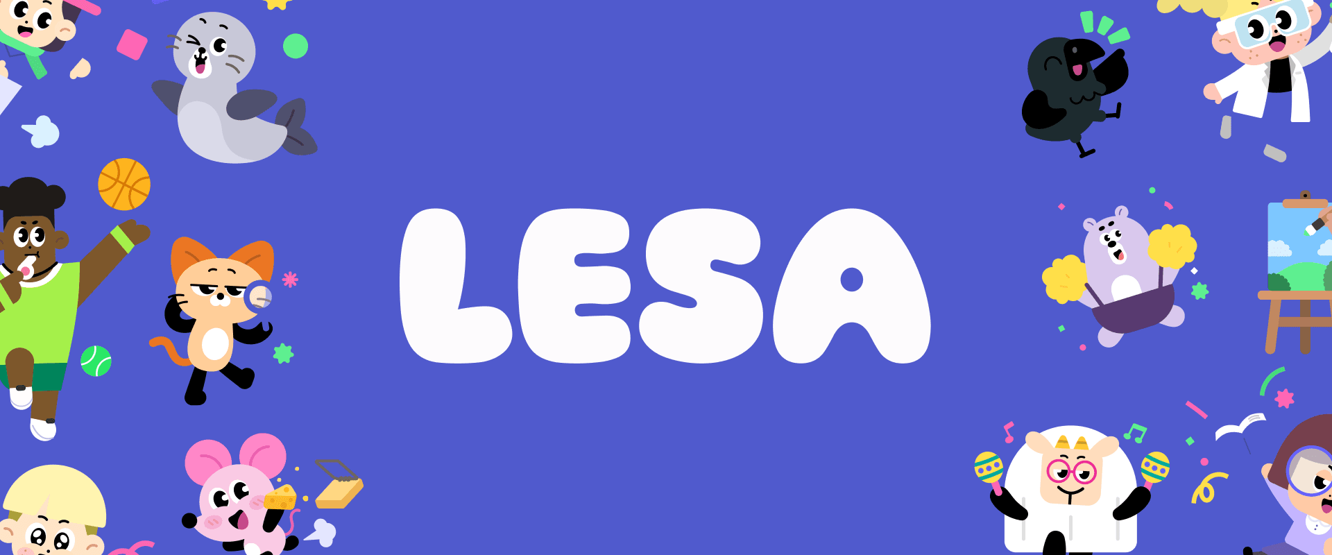 Skemmtileg blá teikning sem sýnir hvíta LESA lógóið umkringt sætum teiknimyndafígúrum eins og kisu, sel og kind! Hreint út sagt dásamlegt!