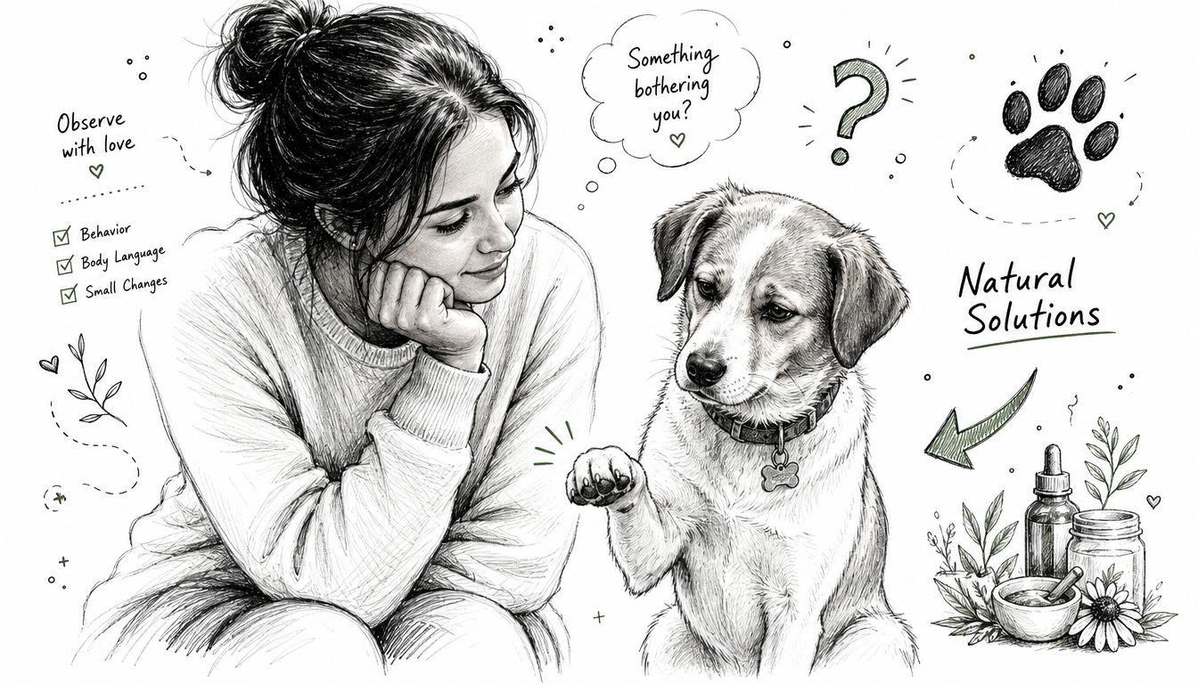 A line drawing of a woman looking affectionately at her dog while considering natural wellness solutions.