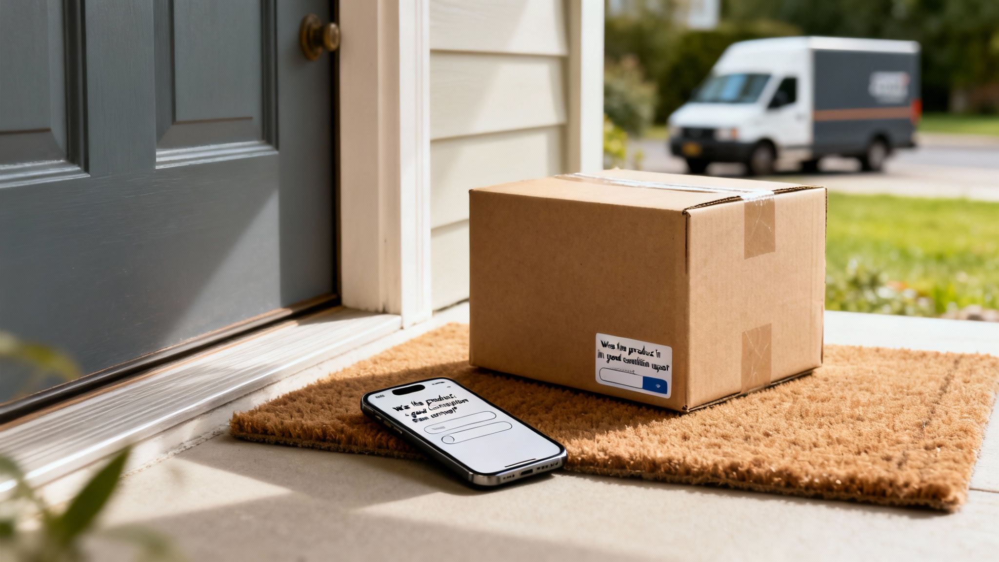 A delivered package and smartphone on a doormat, with a delivery truck in the background.