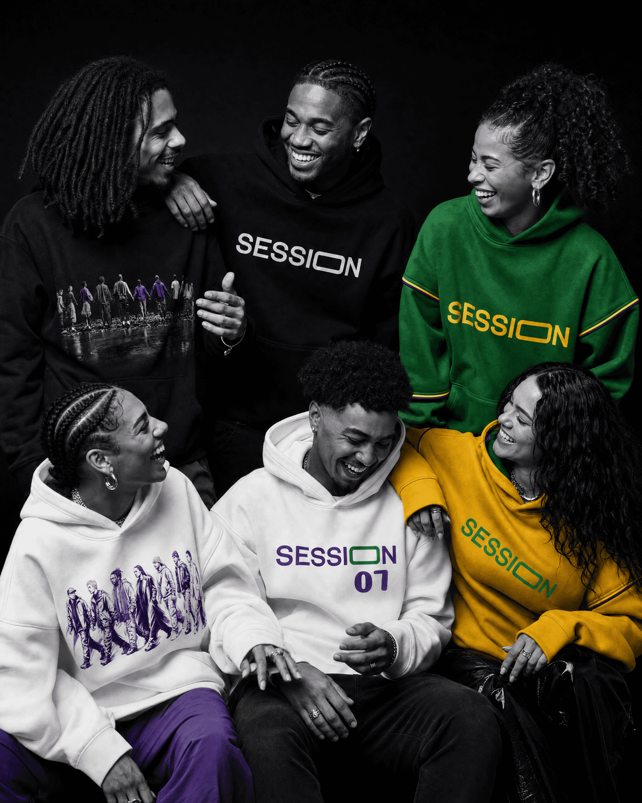 Six friends gathered in Session Zone logo and community-graphic hoodies in green, white, black and yellow.