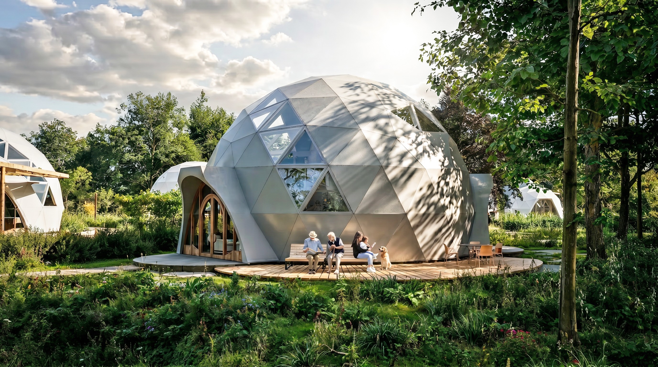 A geodesic dome house is illuminated at night, surrounded by trees.