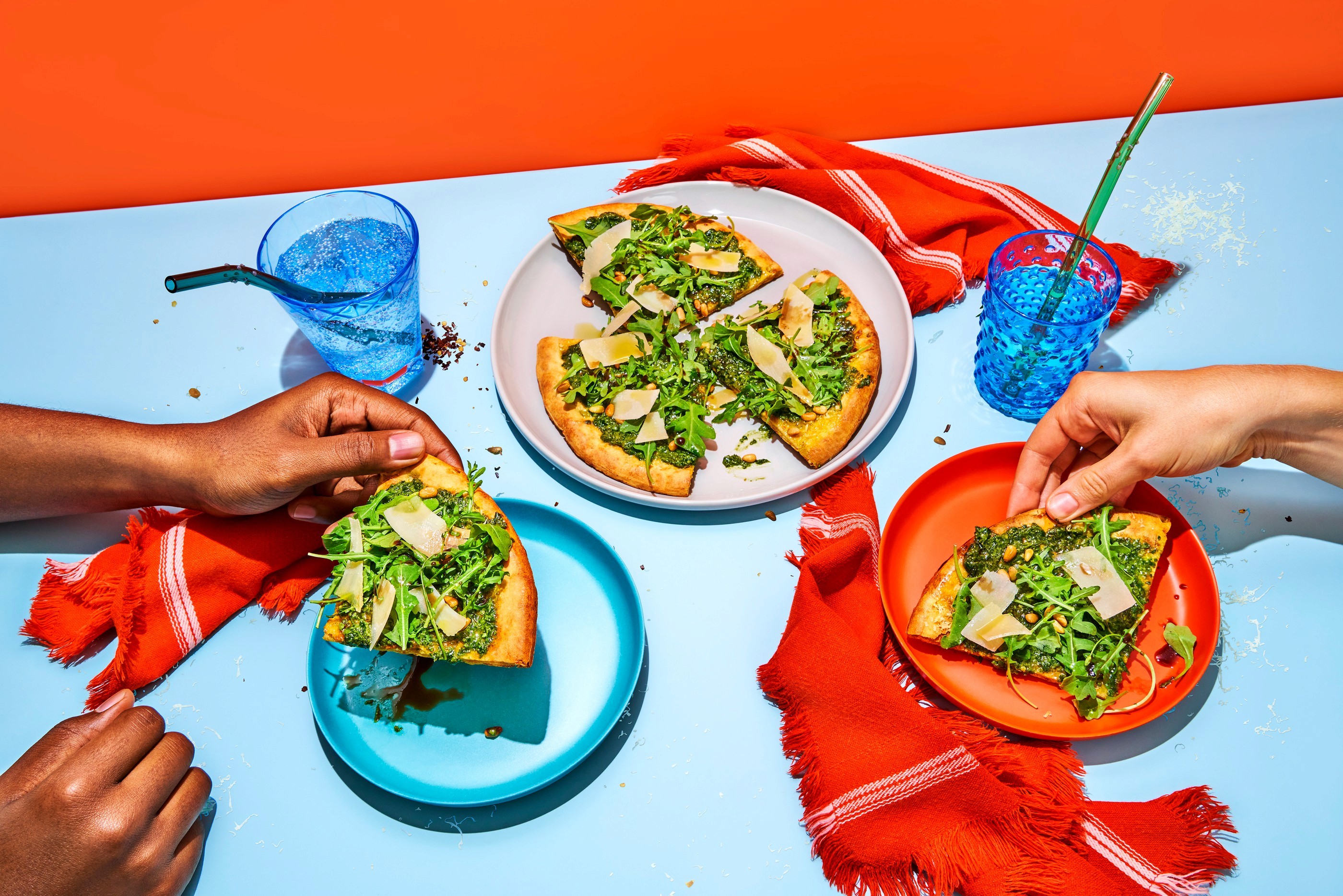 Pizza on blue tabletop