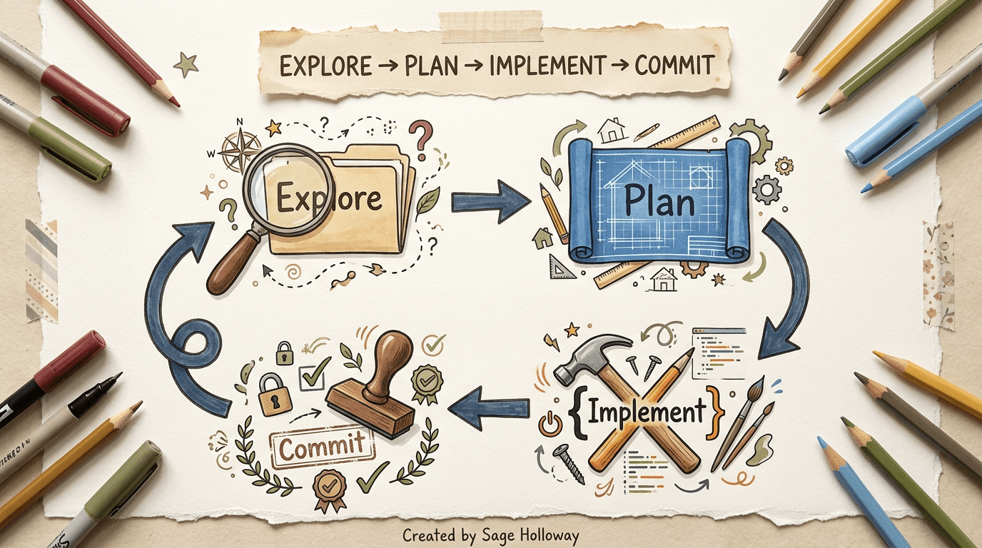 Claude Code Plan Mode workflow diagram: Explore, Plan, Implement, Commit