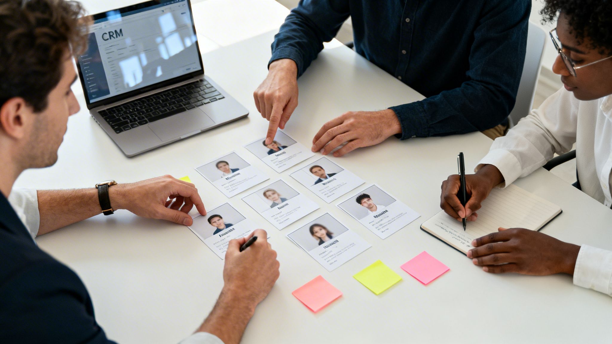 Diverse team reviews candidate profiles laid out on a table, discussing hiring decisions.