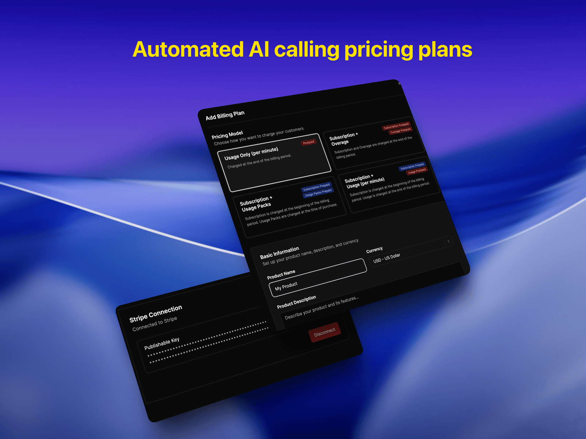 Automated AI calling pricing plans interface with flexible billing models, subscription options, usage-based pricing, and Stripe payment integration | VoiceAIWrapper