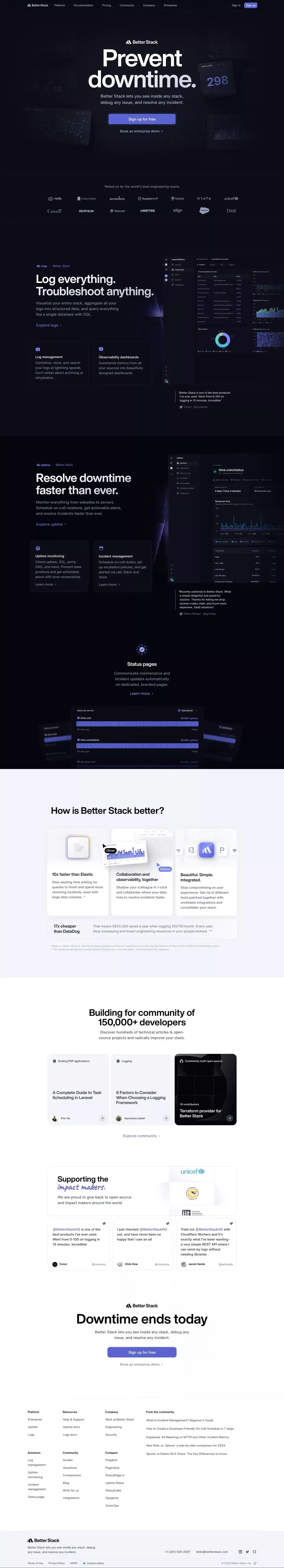Better Stack: Spot, Resolve, and Prevent landing page screenshot showcasing Tech design
