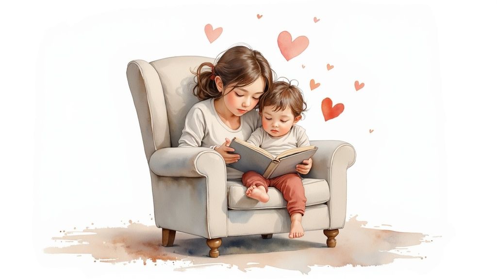 Two children, an older girl and a toddler, sharing a book in a cozy armchair, surrounded by hearts.