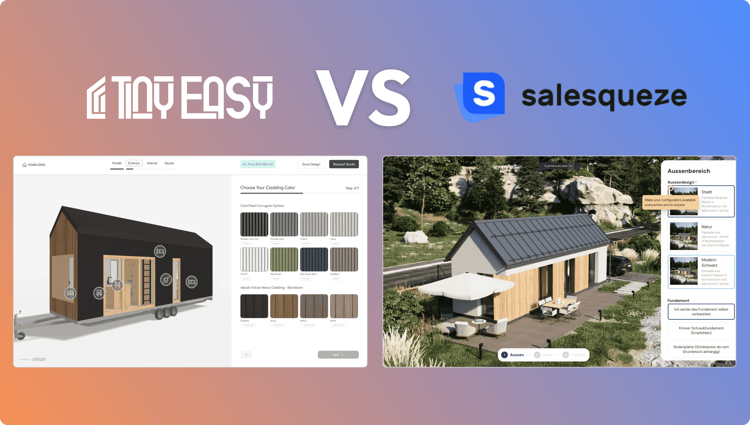 A header image that shows two 3D product configurators: One from Tiny Easy, a tiny home configurator, and one from SaleSqueze.