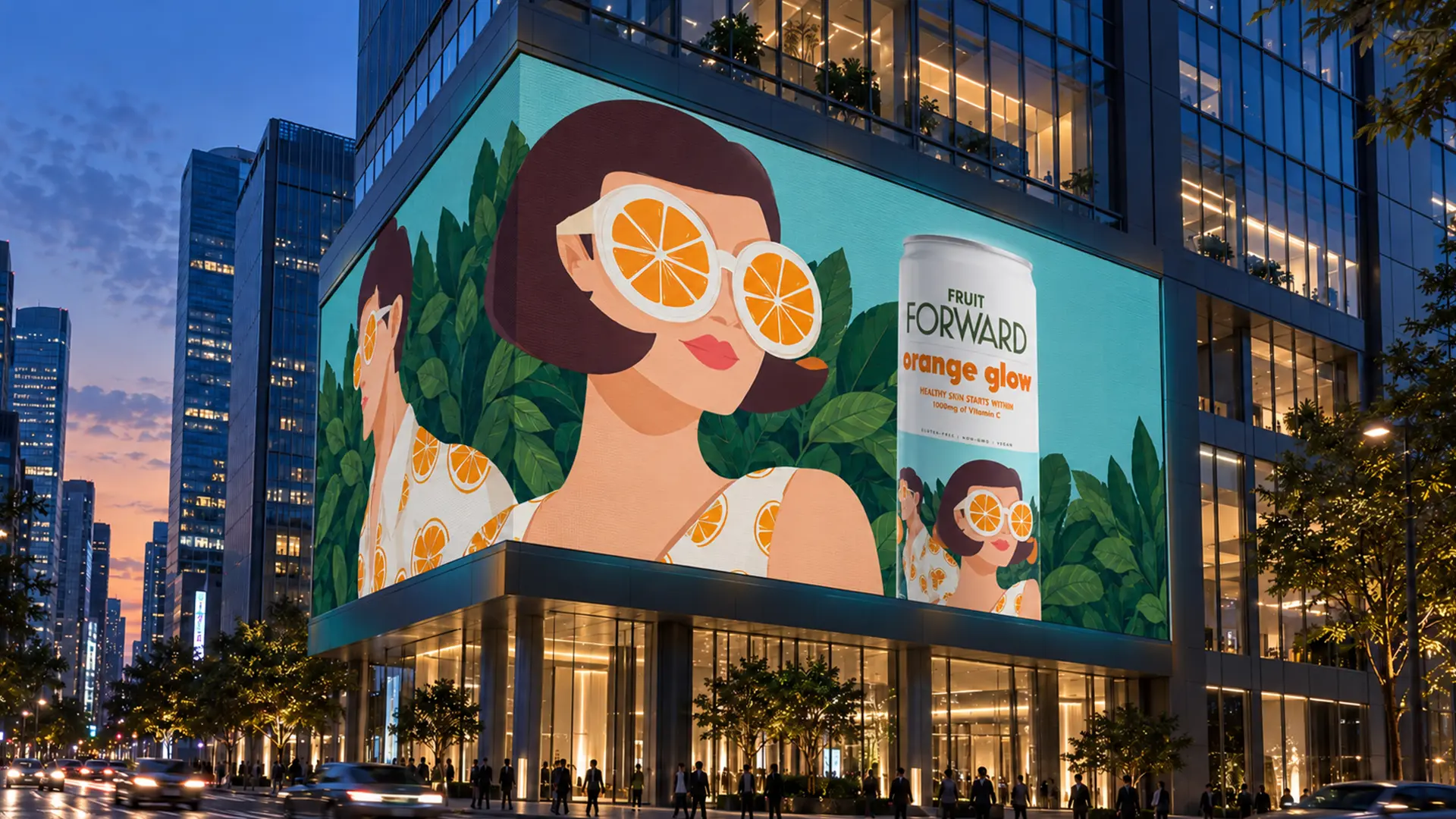 Fruit Forward Orange Glow campaign displayed on a large wraparound digital billboard on a modern city building at dusk.