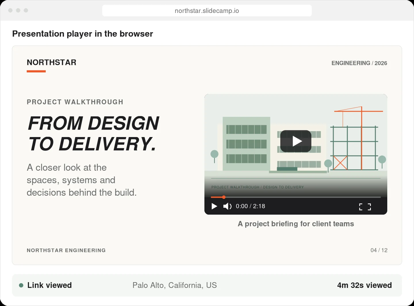 Fictional engineering project walkthrough in a browser presentation player, with link viewing analytics.