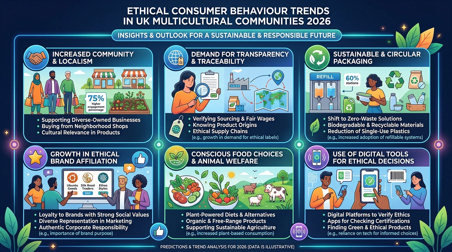 Infographic showing ethical consumer behaviour trends across UK multicultural communities 2026