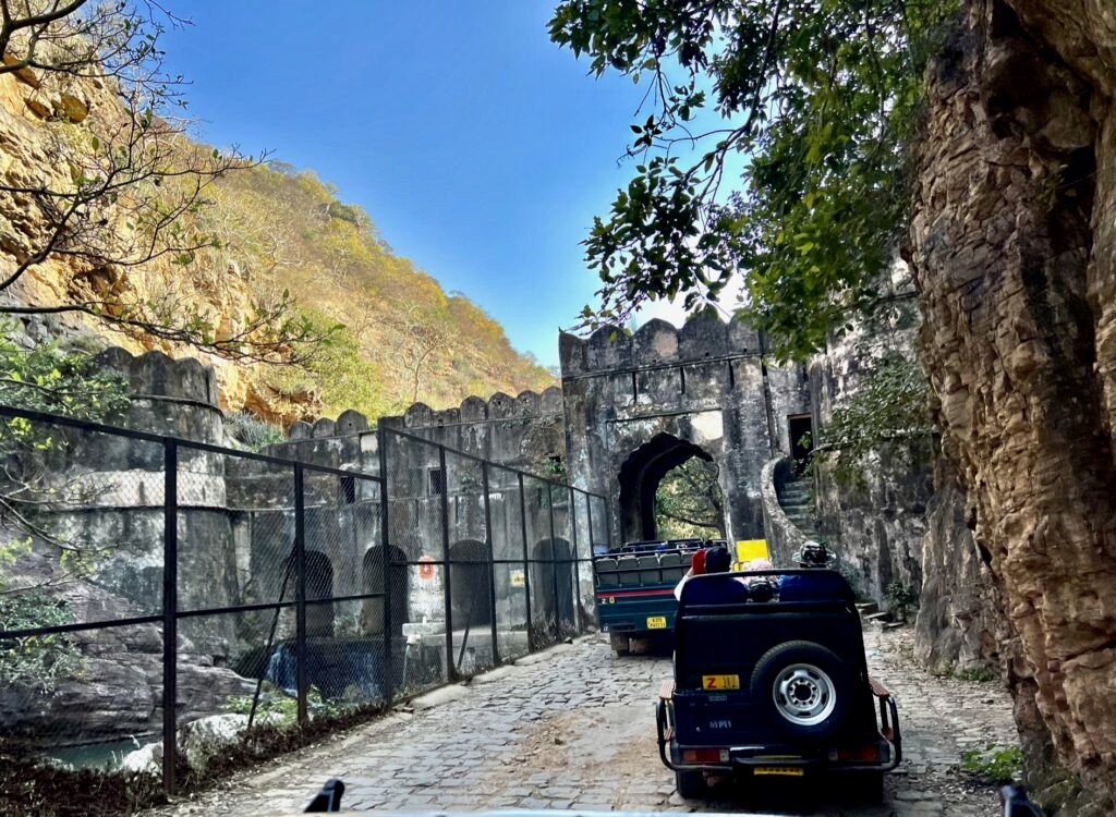 The entrance to Ranthambore National Park. Canters entering the gate for a tiger safari.