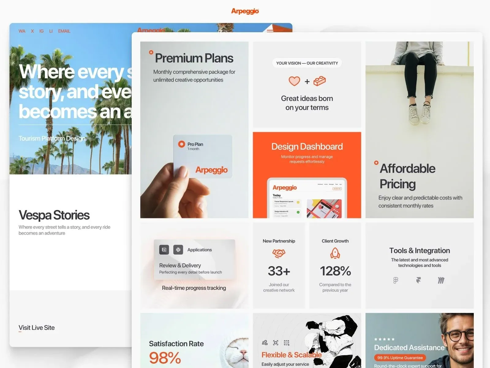 Digital marketing interface showcasing plans, pricing, and user testimonials.