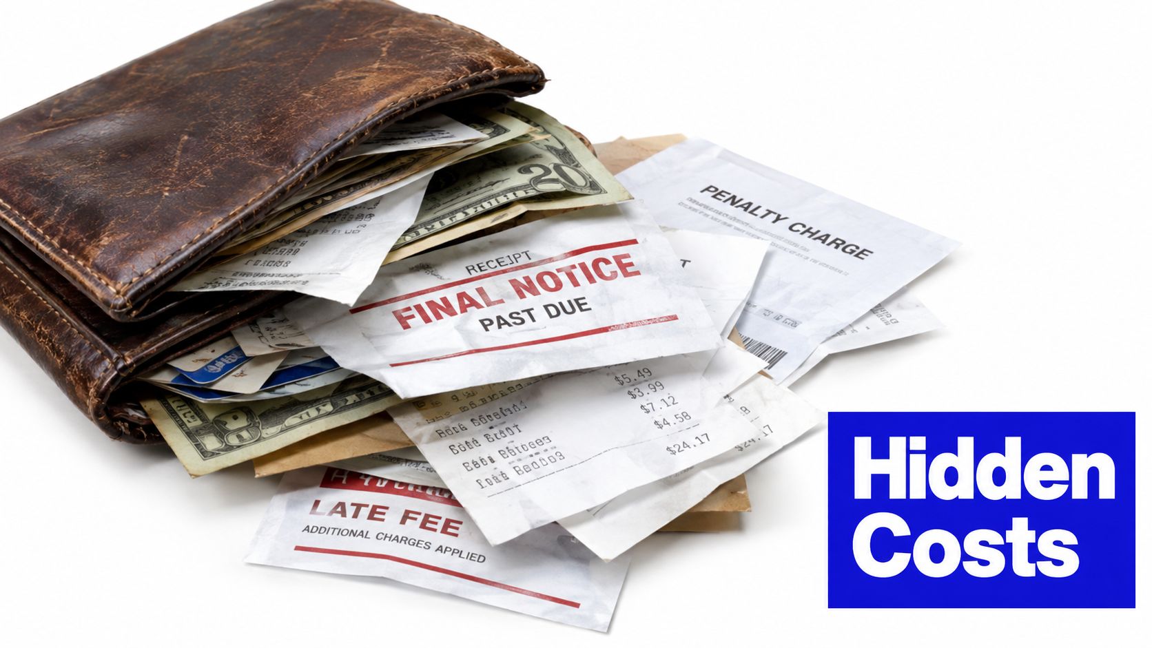 A brown leather wallet filled with various bills, final notices, late fees, and penalty charge invoices.