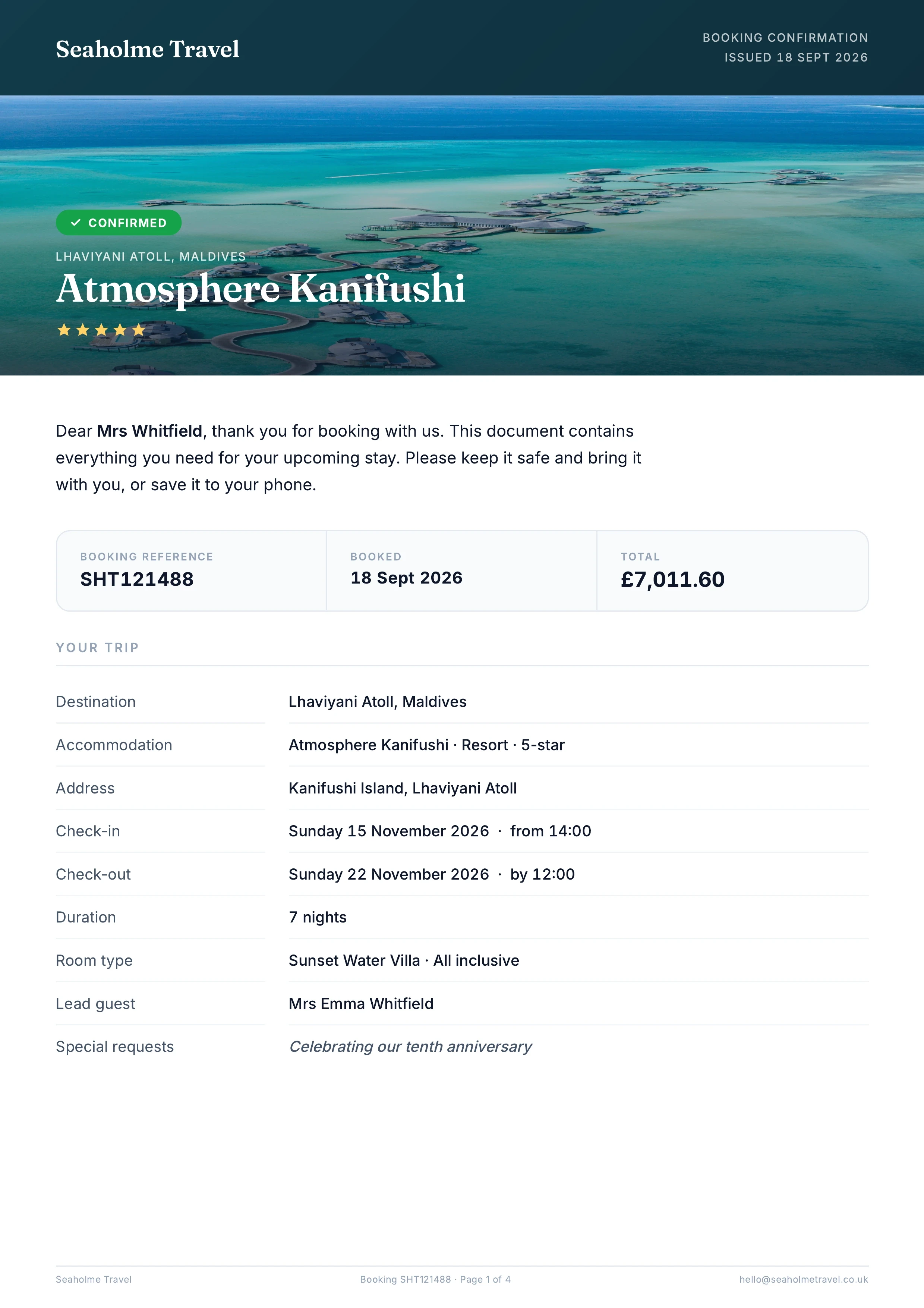 Page one of the A4 booking pack
