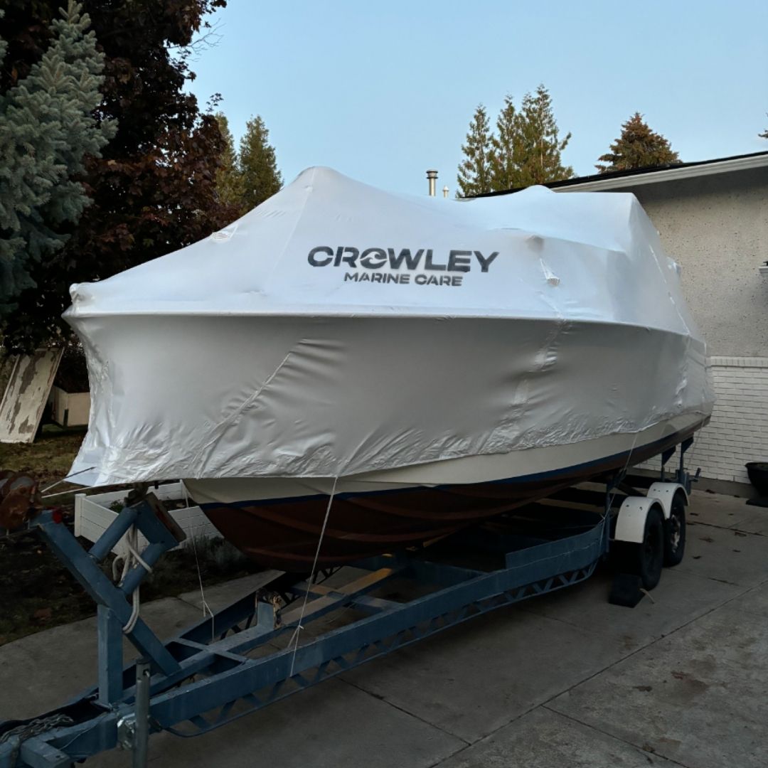 A finished shrink wrapped boat by crowley marine care in kelowna BC