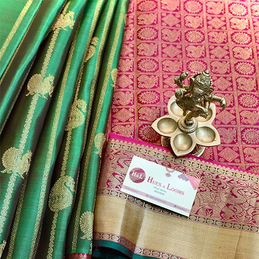 Parrot Green and Pink Kanchivaram Silk Saree