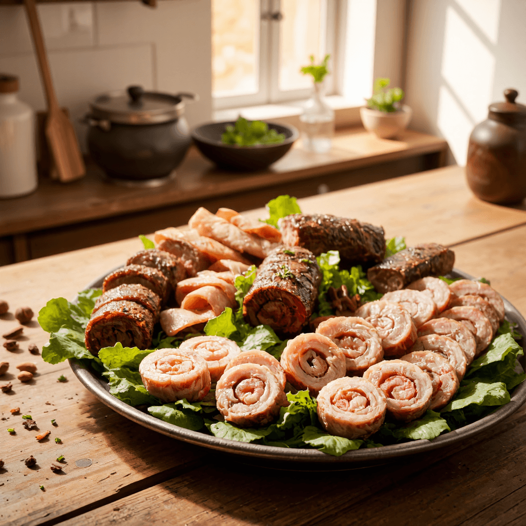 product photography of a platter of assorted cooked meats