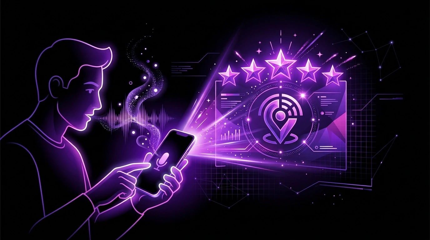 A conceptual Answer Engine Optimization scene where a user asks a smartphone a question and the phone projects a glowing premium 5-star local brand as the answer.