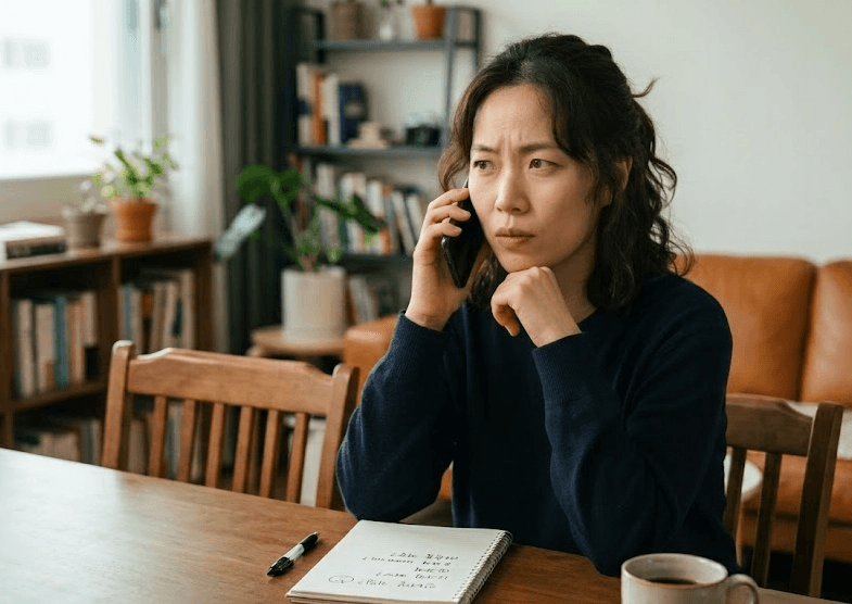 거실 테이블에 앉아 한 손으로 스마트폰을 귀에 대고 심각한 표정으로 통화를 하고 있는 여성의 모습입니다. 다른 한 손은 턱에 대고 고민하는 표정을 짓고 있으며, 앞쪽 테이블 위에는 볼펜과 '인터넷 요금 얼마?'라고 손글씨로 적힌 메모 노트, 커피잔이 놓여 있습니다.