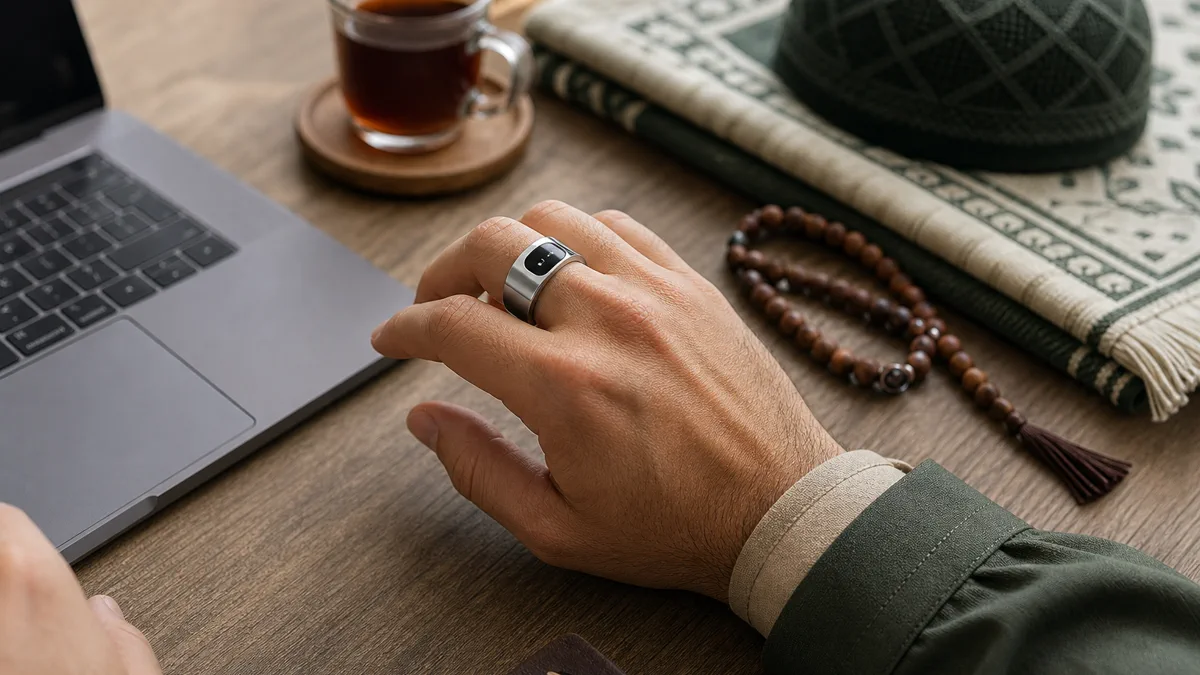 A silver-toned smart tasbih ring worn by a Muslim man during the day