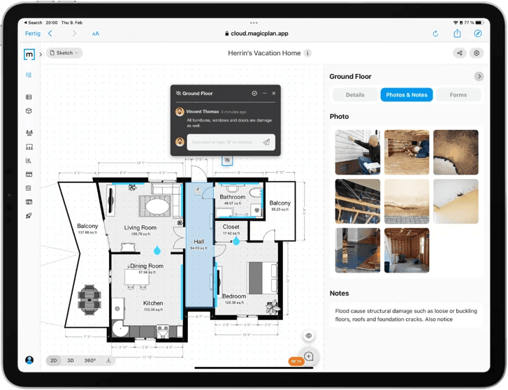 magic plan floor plan with linked photos and notes for detailed water damage assessment and reporting